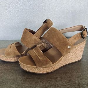 UGG Tan Suede Leather Cork Wedge Sandals 9